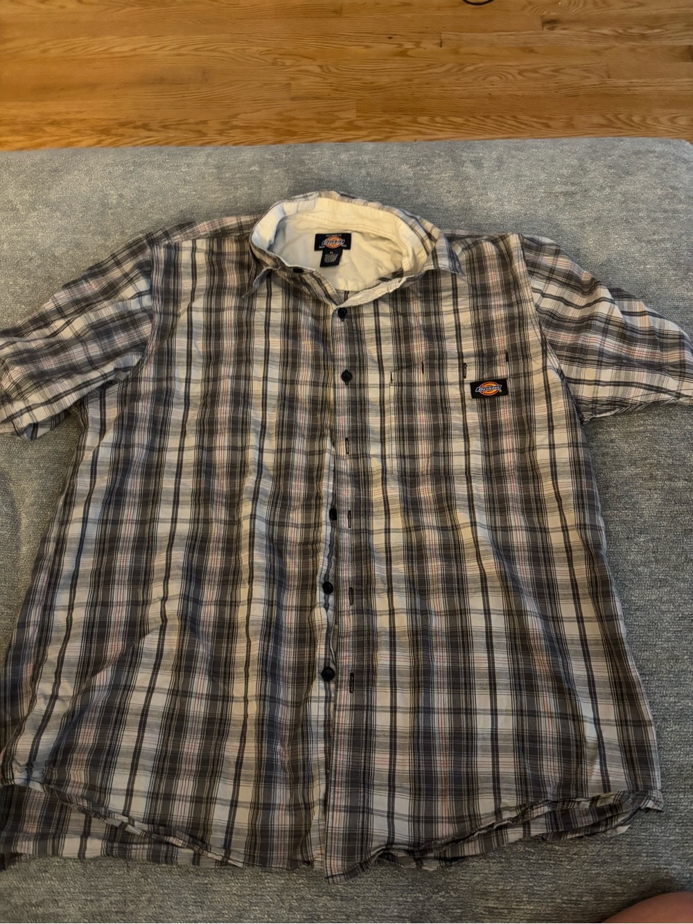 Dickies Men’s Short Sleeve Plaid Button-Up Shirt — Gray and Brown